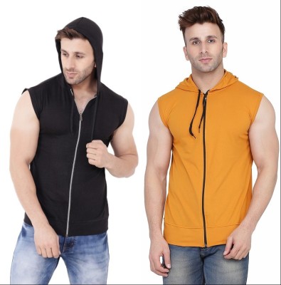 BEYOU FASHION Solid Men Hooded Neck Black, Yellow T-Shirt