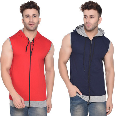 BEYOU FASHION Solid Men Hooded Neck Dark Blue, Red T-Shirt