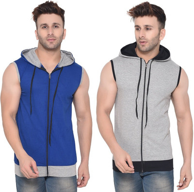BEYOU FASHION Solid Men Hooded Neck Silver, Blue T-Shirt