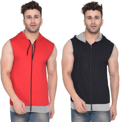 GEUM Solid Men Hooded Neck Red, Black T-Shirt