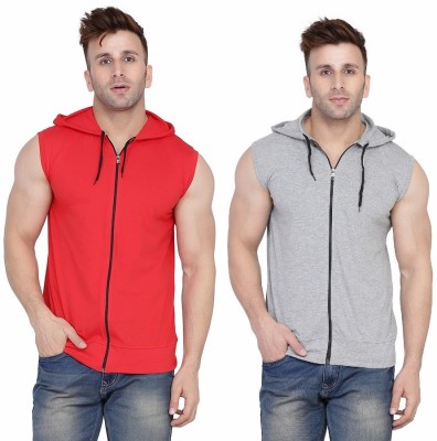 Trendfull Solid Men Hooded Neck Silver, Red T-Shirt
