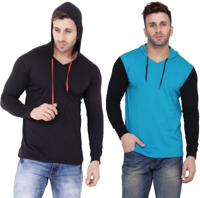 Trendfull Solid Men Hooded Neck Blue, Black T-Shirt