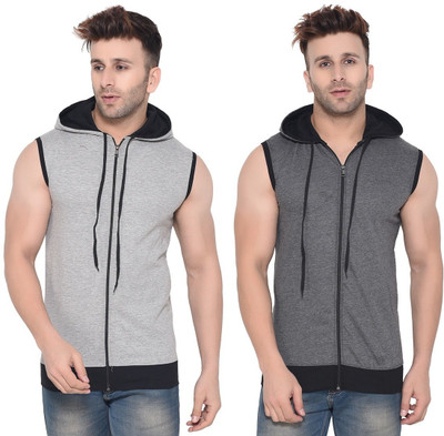 GEUM Solid Men Hooded Neck Silver, Grey T-Shirt