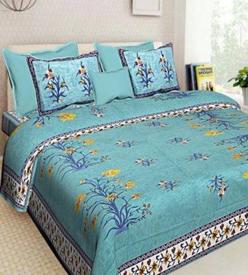 MAMORE 140 TC Cotton Double Floral Flat Bedsheet(Pack of 3, Light Blue)