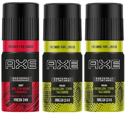 AXE BODY SPRAY 2 PCS PULSE ENERGIZING CITRUS AND 1 PCS 24 X 7 NON STOP WOODY FRAGRANCE PACK OF 3 Deodorant Spray  -  For Men & Women(150 ml, Pack of 3)