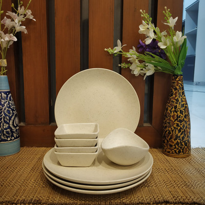 caffeine Pack of 9 Ceramic Handmade White matte Dinner set Dinner Set(White, Microwave Safe)
