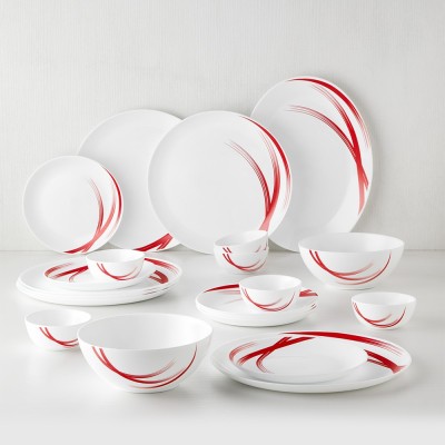 Larah By Borosil Pack of 21 Opalware Moon - Red Stella Dinner Set (Microwave Safe)