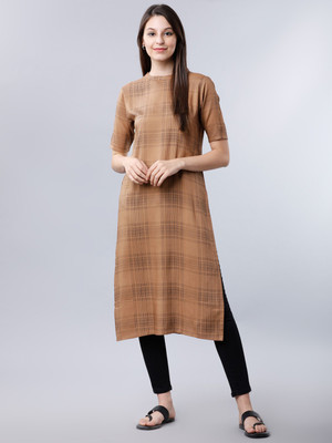 Vishudh Women Checkered Straight Kurta(Brown)