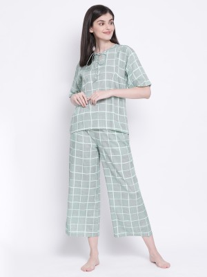 Clovia Women Checkered Green Top & Pyjama Set