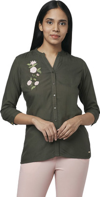 PARK AVENUE Casual 3/4 Sleeve Solid Women Green Top