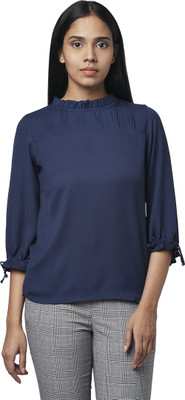 PARK AVENUE Casual 3/4 Sleeve Solid Women Blue Top