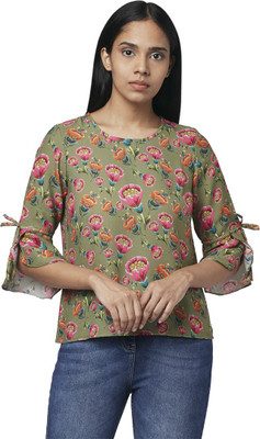 PARK AVENUE Casual 3/4 Sleeve Floral Print Women Green Top