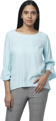 PARK AVENUE Casual 3/4 Sleeve Solid Women Blue Top