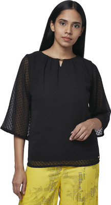 PARK AVENUE Casual 3/4 Sleeve Self Design Women Black Top