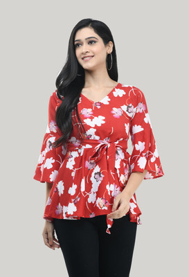 Annectant Casual Flared Sleeve Printed Women Red Top