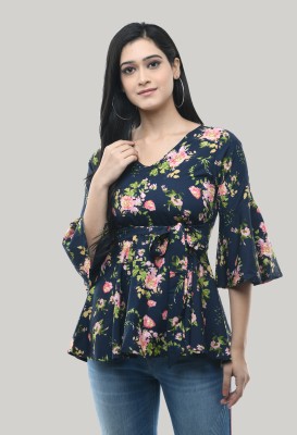 Annectant Casual Flared Sleeve Printed Women Dark Blue Top