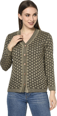 TAB91 Self Design V Neck Casual Women Light Green Sweater