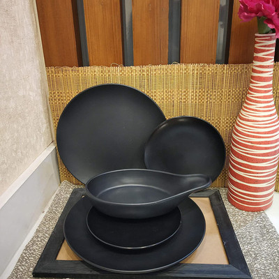 caffeine Pack of 5 Ceramic Handmade Black Matte Dinner Set Dinner Set(Black, Microwave Safe)