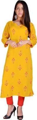 HawktheStocks Women Printed Straight Kurta(Yellow)