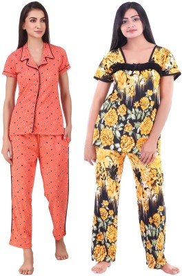 KEOTI Women Floral Print Yellow Shirt & Pyjama set