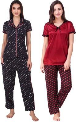 KEOTI Women Printed Maroon, Black Shirt & Pyjama set