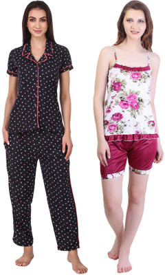 KEOTI Women Printed Pink, Black Shirt & Pyjama set