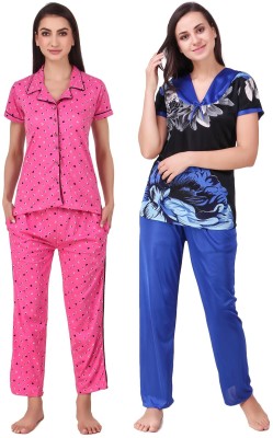 KEOTI Women Printed Blue, Pink Shirt & Pyjama set
