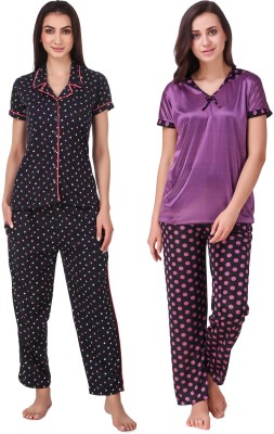 KEOTI Women Printed Purple, Black Shirt & Pyjama set