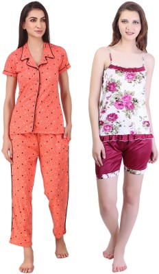 KEOTI Women Printed Pink, Orange Shirt & Pyjama set