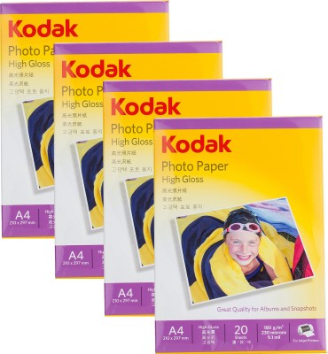 KODAK Photo Paper A4 (210x297mm) 180 GSM High Glossy Water Resistant Instant Dry For All Inkjet Printers 80 sheets Unruled A4 180 gsm Photo Paper(Set of 4, White)