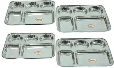 Sager Stainless Steel Lunch/Dinner Plate/Bhojan Thali 5 in 1 Compartments Set of 1 Dinner Plate(Pack of 4)
