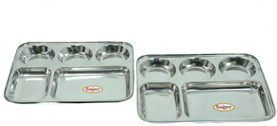 Sager Stainless Steel Lunch/Dinner Plate/Bhojan Thali 5 in 1 Compartments Set of 2 Dinner Plate(Pack of 2)