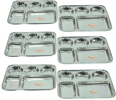 Sager Stainless Steel Lunch/Dinner Plate/Bhojan Thali 5 in 1 Compartments Set of 6 Dinner Plate(Pack of 6)