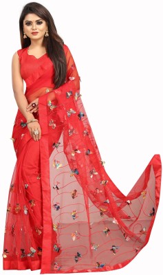 Hinayat Fashion Embroidered, Embellished, Applique Bollywood Net Saree(Red)