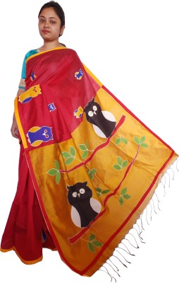 Mayabi Applique Handloom Raw Silk Saree(Red, Yellow)