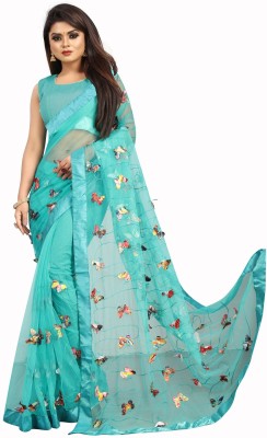 Hinayat Fashion Embroidered, Embellished, Applique Bollywood Net Saree(Blue)