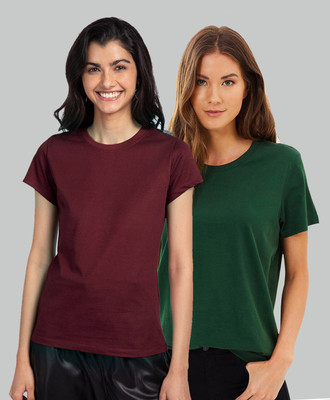 Trends Tower Solid Women Round Neck Green, Maroon T-Shirt