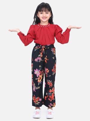 CUTIEKINS Girls Casual Top Trouser(Maroon & Floral Black)
