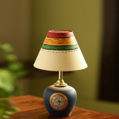 ExclusiveLane 13 Inch Terracotta Handpainted Warli Matki Table Lamp(34 cm, White, Blue)