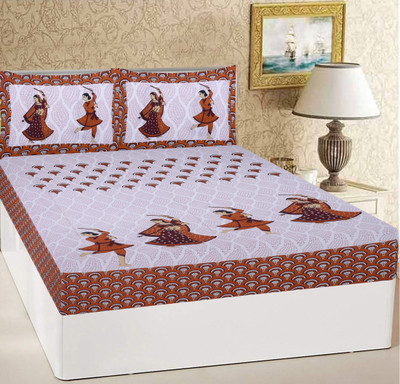 ETHNICO 104 TC Cotton Double Jaipuri Prints Flat Bedsheet(Pack of 1, Red and white)