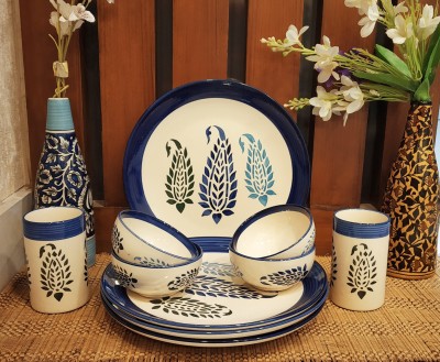 caffeine Pack of 10 Ceramic Handmade blue boota dinner set Dinner Set(Blue, Microwave Safe)