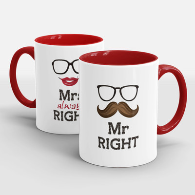 Sublikraft Mr Right & Miss Always Right Printed Ceramic Coffee Mug(330 ml, Pack of 2)