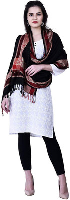 Feathers Polyester Wool Blend Self Design Women Shawl(Black)