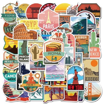 IDREAM 4 cm Travel World Destination Famous City Self Adhesive Die Cut Self Adhesive Sticker(Pack of 50)