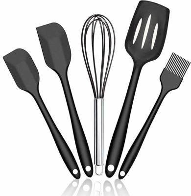 SYGA 5SpoonSet_Black 5 Pieces Silicone Kitchen Utensils Spoon Set Cooking & Baking Tool Sets Non-Toxic Hygienic Safety Heat Resistant Black Black, Steel Kitchen Tool Set
