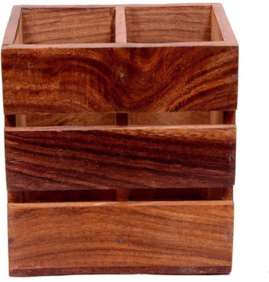 Fleurs De Rocaille 2 Compartments Wood Pen Stand(Brown)