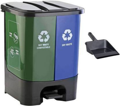 YASHODEEP PLASTIC Twin Bin Dry & Wet Waste Dustbin with Pedal (18 L) & Extra Unbreakable Dustpan ( Multicolor) Plastic Dustbin(Multicolor, Pack of 2)
