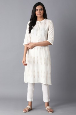 W Women Printed Straight Kurta(Beige)