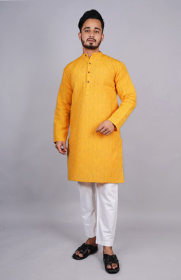 Latest Chikan Men Striped Straight Kurta(Yellow)