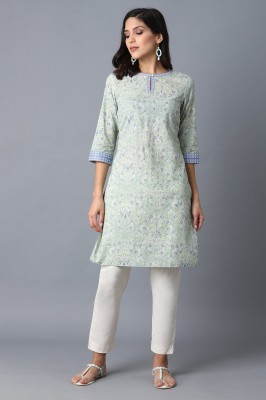 W Women Printed Straight Kurta(Green)